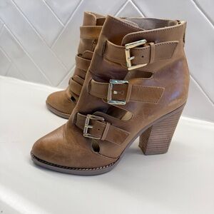 ASOS Women's Leather Brown Block Heel Booties Size 6 with Buckle Casual Summer